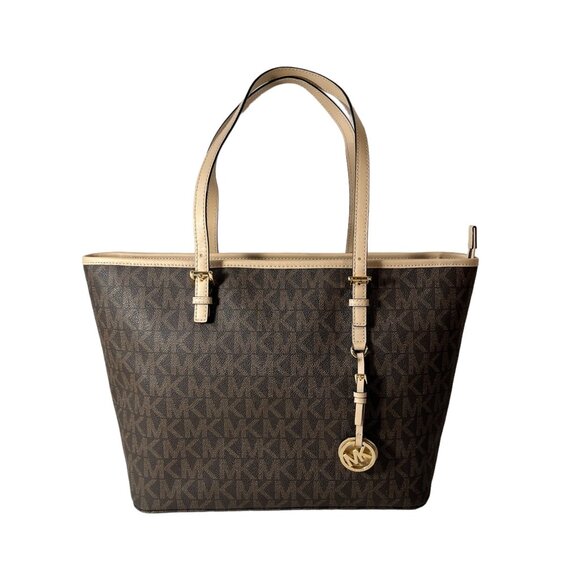 Michael Kors Purse Jet Set Signature Large Zip Up Tote Bag MK Monogram Brown Tan - Picture 1 of 12